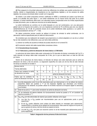Jueves 21 de enero de 2016 DIARIO OFICIAL (Segunda Sección) 67
d) Para asegurar la inmunidad adecuada contra las reflexiones de señales que pueden producirse en la
interfaz, debido a irregularidades de impedancia en los repartidores digitales y en los accesos de salida
digitales, los accesos de entrada deben cumplir con lo siguiente:
Se añade a una señal compuesta nominal, codificada en HDB3 y constituida por pulsos cuya forma se
ajusta a la plantilla del pulso figura 1, una señal interferente con la misma forma del pulso de la señal
deseada. La señal interferente debe tener una velocidad binaria comprendida entre los límites especificados
en este documento, pero no debe ser síncrona con la señal deseada.
La señal interferente se combina con la señal deseada en una red combinadora, con una atenuación
global nula en el trayecto de la señal y con una impedancia nominal de 75 Ω (Ohms) para dar una relación
señal/interferencia de 18 dB. El contenido binario de la señal interferente debe ajustarse a un patrón de
prueba pseudoaleatorio del tipo 215 – 1 bits.
No deben producirse errores cuando se aplique al acceso de entrada la señal combinada, con la
atenuación máxima especificada para el cable de interconexión.
Se considera que una realización de receptor que proporcione un umbral adaptativo en vez de un umbral
fijo es más resistente a las reflexiones y que, por tanto debe preferirse.
Lo anterior se verifica de acuerdo al método de prueba descrito en el numeral 5.8.
e) El conductor exterior del cable coaxial debe conectarse a tierra.
4.1.3 Características funcionales
4.1.3.1 Estructura y señal de alineación de trama básica a 2 048 kbit/s
La estructura de trama básica debe estar compuesta de 32 intervalos de tiempo numerados del 0 al 31 y
cada intervalo de tiempo debe estar compuesto de 8 bits, por lo que se debe tener un total de 256 bits
por trama.
Dentro de la estructura de trama básica, el intervalo de tiempo cero está reservado para la señal de
alineación de trama y bits de servicio. La asignación específica de cada uno de los bits de este intervalo
de tiempo se describe en la tabla 4.
Número del bit
Tramas alternadas
1 2 3 4 5 6 7 8
Trama que contiene la señal
de alineación de trama
Si 0 0 1 1 0 1 1
(1) señal de alineación de trama
Trama que no contiene la
señal de alineación de trama
Si 1 A Sa4 Sa5 Sa6 Sa7 SA8
(1) (2) (3) (4)
(1) Los bits designados como Si son bits reservados para uso internacional, si no se utilizan de manera
específica deben ser puestos a “1” en los trayectos digitales que atraviesan una frontera
internacional. No obstante, se pueden utilizar en el ámbito nacional si el trayecto digital no atraviesa
una frontera.
(2) Este bit se pone a “1” para evitar simulación de señal de alineación de trama.
(3) “A” es indicación de alarma distante. En funcionamiento normal es puesto a “0”; en condición de
alarma es puesto a “1”.
(4) Sa4 a Sa8 son bits adicionales de reserva que pueden utilizarse como sigue:
i). Los bits Sa4 a Sa8 pueden ser recomendados para uso en aplicaciones punto a punto
específicas.
ii). El bit Sa4 puede utilizarse como enlace de datos basado en mensajes para operaciones,
mantenimiento y monitoreo de la calidad de funcionamiento. Este canal se origina en el punto en
que se genera la trama y termina donde se separa la trama.
iii). Los bits Sa5 a Sa7 son para uso nacional cuando no se les necesita para aplicaciones punto a
punto específicas.
Tabla 4. Asignación de los primeros 8 bits de la trama
 