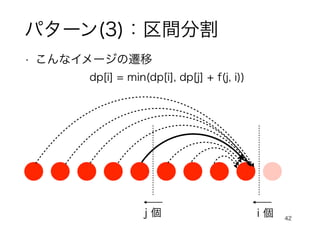 パターン(3)：区間分割
42
• こんなイメージの遷移
i 個
j 個
dp[i] = min(dp[i], dp[j] + f(j, i))
 