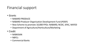 Financial support
• Grants
• NABARD PRODUCE
• NABARD Producer Organisation Development Fund (PODF)
• New Scheme to promote 10,000 FPOs: NABARD, NCDC, SFAC, NAFED
• Department of Agriculture/Horticulture/Marketing
• Credit
• NABKISAN
• NBFCs
• Commercial Banks
 