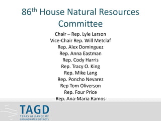 86th House Natural Resources
Committee
Chair – Rep. Lyle Larson
Vice-Chair Rep. Will Metclaf
Rep. Alex Dominguez
Rep. Anna Eastman
Rep. Cody Harris
Rep. Tracy O. King
Rep. Mike Lang
Rep. Poncho Nevarez
Rep Tom Oliverson
Rep. Four Price
Rep. Ana-Maria Ramos
 