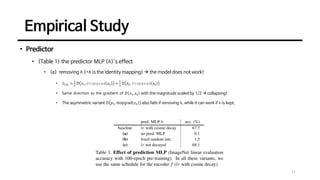 Empirical Study
11
• Predictor
• (Table 1) the predictor MLP (ℎ)’s effect
• (a) removing ℎ (=ℎ is the identity mapping) → the model does not work!
• ℒ(a) =
1
2
𝒟 𝑧1, stopgrad 𝑧2 +
1
2
𝒟 𝑧2, stopgrad 𝑧1
• Same direction as the gradient of 𝒟 𝑧1, 𝑧2 with the magnitude scaled by 1/2 → collapsing!
• The asymmetric variant 𝒟 𝑝1, stopgrad 𝑧2 also fails if removing ℎ, while it can work if ℎ is kept.
 