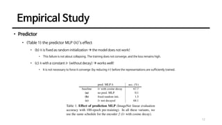 Empirical Study
12
• Predictor
• (Table 1) the predictor MLP (ℎ)’s effect
• (b) ℎ is fixed as random initialization → the model does not work!
• This failure is not about collapsing. The training does not converge, and the loss remains high.
• (c) ℎ with a constant 𝑙𝑟 (without decay) → works well!
• It is not necessary to force it converge (by reducing 𝑙𝑟) before the representations are sufficiently trained.
 