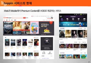 hoppin 서비스의 현재 

Web과 Mobile에서 Premium Content를 VOD로 제공하는 서비스




                                               1
 