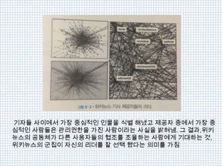 기자들 사이에서 가장 중심적인 인물을 식별 해냈고 제공자 중에서 가장 중
심적인 사람들은 관리권한을 가진 사람이라는 사실을 밝혀냄. 그 결과,위키
뉴스의 공동체가 다른 사용자들의 협조를 조율하는 사람에게 기대하는 것,
위키뉴스의 군집이 자신의 리더를 잘 선택 했다는 의미를 가짐
 
