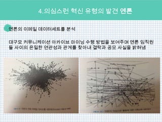 4.의심스런 혁신 유형의 발견 엔론

엔론의 이메일 데이터세트를 분석

대구모 커뮤니케이션 아카이브 마이닝 수행 방법을 보여주며 엔론 임직원
들 사이의 은밀한 연관성과 관계를 찾아내 결탁과 공모 사실을 밝혀냄
 
