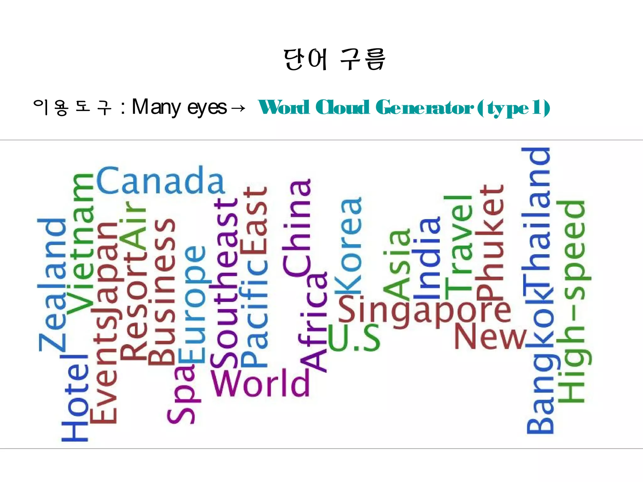 단어 구름
이용도구 : Many eyes→ Word Cloud Generator(type1)
 