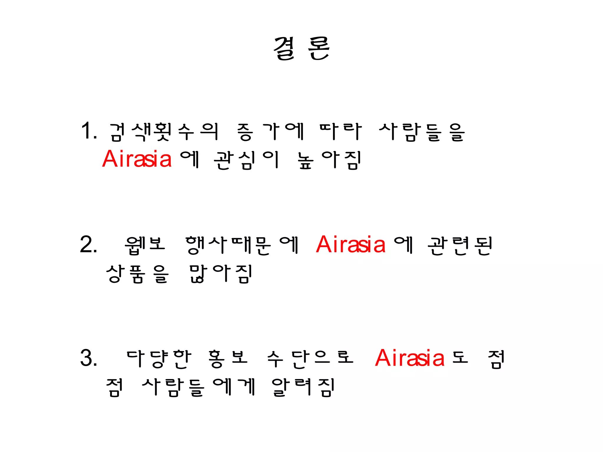 결 론
1. 검색횟수의 증가에 따라 사람들을
Airasia에 관심이 높아짐
2. 웹보 행사때문에 Airasia에 관련된
상품을 많아짐
3. 다댱한 홍보 수단으로 Airasia도 점
점 사람들에게 알려짐
 