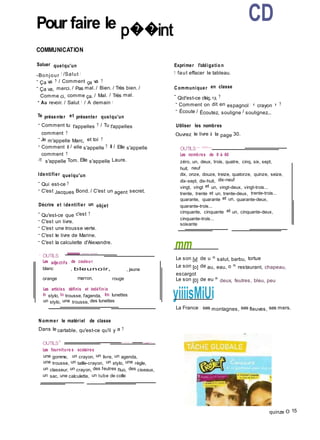 �-
Pour faire le p��int
COMMUNICATION
CD
Saluer quelqu'un
-Bonjour ! /Salut !
- Ça va ? / Comment ça va ?
- Ça va, merci. / Pas mal. / Bien. / Très bien. /
Comme ci, comme ça. / Mal. / Très mal.
- Au revoir. / Salut 1 / A demain 1
Te présenter et présenter quelqu'un
- Comment tu t'appelles ? / Tu t'appelles
comment ?
- Je m'appelle Marc, et toi ?
- Comment il / elle s'appelle ? Il / Elle s'appelle
comment ?
-11 s'appelle Tom. Elle s'appelle Laure.
Identifier quelqu'un
- Qui est-ce ?
- C'est Jacques Bond. / C'est un agent secret.
Décrire et identifier un objet
-
Qu'est-ce que c'est ?
- C'est un livre.
- C'est une trousse verte.
- C'est le livre de Marine.
- C'est la calculette d'Alexandre.
Exprimer l'obligatio n
11 faut effacer le tableau.
Communiquer en classe
-
Qid'est-ce ckiç.<;a, ?
- Comment on dit en espagnol : « crayon » ?
- Écoute / Écoutez, souligne / soulignez...
Utiliser les nombres
Ouvrez le livre à la page 30.
OUTILS-- =-
Les nombres de 0 à 60
zéro, un, deux, trois, quatre, cinq, six, sept,
huit, neuf
dix, onze, douze, treize, quatorze, quinze, seize,
dix-sept, dix-huit, dix-neuf
vingt, vingt et un, vingt-deux, vingt-trois...
trente, trente et un, trente-deux, trente-trois...
quarante, quarante et un, quarante-deux,
quarante-trois...
cinquante, cinquante et un, cinquante-deux,
cinquante-trois...
soixante
mm
- OUTILS
■--
Les adjectifs de couleur
blanc , bleunoir, , jaune
Le son [y] de u = salut, barbu, tortue
Le son [o] de au, eau, o = restaurant, chapeau,
escargot
orange marron, rouge Le son [0] de eu = deux, feutres, bleu, peu
Les articles définis et indéfinis
le stylo, la trousse, l'agenda, les lunettes
un stylo, une trousse, des lunettes
Nommer le matériel de classe
Dans le cartable, qu'est-ce qu'il y a ?
OUTILS
■ —-----
Les fourniture s scolaires
une gomme, un crayon, un livre, un agenda,
une trousse, un taille-crayon, un stylo, une règle,
un classeur, un crayon, des feutres fluo, des ciseaux,
un sac, une calculette, un tube de colle
yiiiisMiUi
La France : ses montagnes, ses fleuves, ses mers.
quinze O 15
 