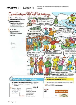 m
l�Oct<�e a Leçon g
Exprimer des actions à la forme affirmative et à la forme
négative
cicLK< tOL
»�ei�e
•'-— -, ±�- vîv « / . 1 M r � yutj � ._ _
1 Observe l'illustration
�
et écoute les
mini-conversations.
À quels numéros
correspondent-elles ?
2 Lis les mini¬
conversations et
vérifie.
Ecoute le verbe dessiner au présent.
'a) Combien de terminaisons différentes tu entends ?
b) Quelles personnes se prononcent de la même
manière ?
« on » = « nous »
On regarde la vidéo. = Nous regardons la vidéo.
Avec on, à quelle personne est le verbe ?
� Pour bien prononcer
B Observe le verbe
dessiner à l'écrit
et compare �
avec l'oral.
BivePsitéi
22 O vingt-deux
Jtbvjc�
je d&ssine »
tu dessines
il/elle/on dessine
nous dessinons
vous dessinez
ils / elles dessinent
Oy�
ê�y
 