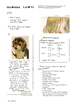 Mo�Me4 Le� hl
J'iLi
1 Écoute et réponds .
a) Qui parle ? De qui ? Pourquoi ?
b) Que sais-tu de Bobby ?
2 Lis l'affiche. Qu'est-ce que tu apprends
de plus sur Bobby ?
J
S'informer sur les caractéristiques de quelqu'
' Décrire les caractéristiques d'un animal
un
Observe et analyse
LES ADJECTIFS POSSESSIFS
fl Observe les adjectifs possessifs de l'affiche.
Masculin Féminin
Singulier mon
ton ► chien
son
ma
ta chienne
sa
Pluriel mes mes
tes
ses
► chiens tes
ses
* chiennes
JS. m*a.ppS 1IS. Bobby S+ jS mS
SuciS pSr"£iuc. j'o-i 4- mois.
j'o.! 3 pi3.++e5 b)a.r><s�ie5 2 +
ucriS. rv-ia.r"r"or>, Mss or"S il les
Sor>+ �mcx-r�Ao-s., J'a.i des
»�pir"S. Ma. es+ rioir�e.
e+ +r"SS c:oucr"+e.. Je sucis w-r»
+OI/C+OU. a.-f-fec:+uceucK) joucSucr"
e+ +r"ès geri+il, J*a.clorS les
eri-fa.r>+S e+ les c:ha.+S-
Je por"+e ucr> c:ollier" o-vec.
o�on rioo� e+ le r>i/Lri�ero de
+élepl->or>e de la. irY>a.iSon
(le 03 88 4-a 75 <14"). S*il
vou-S pla.rf) Si voucS r»-ye
r"e+r"oi/i-vez, c .o»� +a.c.+ez itvmij,
-fa.r<�ille «î�i es+ +r"ès +r"is+e
Sa_r>S «T�oi, �A er"C.i
38 O trente-huit
Compare avec ta langue .
9 Lisez le dialogue à haute voix. Imitez bien
Q � le s
intonations.
• Qu'est-ce que tu as ? Pourquoi tu pleures ?
■ J'ai perdu Bobby.
•
Bobby ?�ui
est-ce, Bobby ?
■ C'est mon chien.
• De quelle couleur il est, ton chien ?
■ Il est noir, marron et blanc.
• Et comment est-il ? Il est grand ?
Combien il mesure ?
■ Je ne sais pas... Il est tout petit, il est comme ça.
• Quel âge il a ?
■ 4 mois... C'est un bébé.
• Il porte un collier ?
■ Oui, avec son nom et notre numéro de téléphone.
• Alors, ne pleure pas. On va le retrouver, ton petit
chien. Allez, viens ! On va faire une affiche.
 