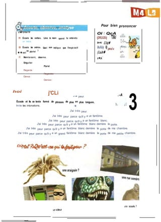J ai peur.
L'IMPERATIF
fl Écoute les verbes. Lève la main quand tu entends
un ordre. 'i
B Écoute les ordres. Quel son indique que l'impé ratif .
� � est
au pluriel ?
C Mainte na nt, observe.
Pour bien prononcer
Ol ! QcA
tj3KKJUXAj ! 'TXk/
£l<>K/ CUx)�
UsJUJy Oj peu/u
(LuJn�
q�jiL
1
Singulier
Pluriel
Regarde !
Regardez !
Danse !
Dansez !
hoi
j'CLi
Écoute et lis ce texte formé de phrases de plus en plus longues.
Imite les intonations. i'�;
J'ai très peur.
J'ai très peur parce qu'il y a un fantôme.
J'ai très peur parce qu'il y a un fantôme blanc.
.-A
3
J'ai très peur parce qu'il y a un fantôme blanc derrière la porte.
J'ai très peur parce qu'il y a un fantôme blanc derrière la porte de ma chambre.
J'ai très peur parce qu'il y a un grand fantôme blanc derrière la porte de ma petite chambre.
£tùv F Qu, 'esû-ce (fui �aêùpeiu*'
:
une souris ?
unvoleur
 