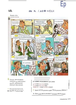 Ep
LCL de h. / .e di� +rC Lii
Écoute et lis.
G Trouve, dans le dessin,
5 actions qui dém ontrent
que M. Ledistrait es t
vraim ent très dis trait.
7 Écoute bien les bruits.
® Que fait ce personnage ?
LES VERBES PRONOMINAUX (SE LAVER)
je me lave nous nous lavons
tu te laves vous vous lavez
il/elle/on selave ils/elles selavent
R Quels sont les pronoms sujets ? Et les pronoms réfléchis ?
9 Dans quels cas ils coïncident ? Compare avec ta langue.
cinquante-trois O 53
 