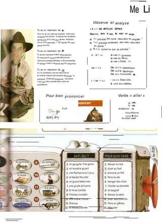 Tu as un maximum de ►
Pour toi, la v ie c'est une aventure. Tues un(e)
intrépide tout terrain. Tu adores les situations
périlleuses et tu n'as peur derien. Attention !
Lav ie n'est pasunjeu. H f aut garder les y eux
grand ouv erts.
Tu as un maximum de �
Me Li
lôbserve et analyse
« A » + LES ARTICLES DÉFINIS
Observe, dans le test, les mots en rouge.
a) Au précède des noms masculins au singulier ?
b) Aux précède seulement des mots masculins
au pluriel ?
c) Et à la, qu'est-ce que ça précède ?
Tu aimes l'aventure mais tu es prudent(e).
Tu mesures le risque avant dete lancer.
Dans les moments difficiles, tu es conscient(e)
du danger mais tu neperds pas ton sang-froid.
Tu as un maximum de @
Tu v is l'aventure à trav ers les livres ou
le cinéma. Devant une situation dedanger, tu
paniques. Arrête det'angoisser : l'av enture
n'est pas très courante dans notrevie
quotidienne !
Pour bien prononcer
5-uX
axj-ex'y âl>y
à -1- le = au
àla = à la
à -H les = aux
Je vais au gymnase.
Je vais au Pérou.
Je vais à l'hôtel. A
Elle va à la bibliothèque.
Elle va à la Martinique.
Elle va à l'université. �
11 va aux États-Unis.
Ils vont aux toilettes.
Verbe « aller »
je vais
tu vas
il/elle/on va
nousfiions
vous� ilez
ils/elles vont
cinquante-neuf # 59
 