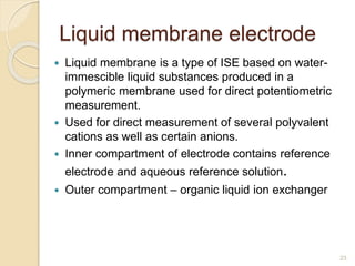 Liquid membrane electrode
 Liquid membrane is a type of ISE based on water-
immescible liquid substances produced in a
polymeric membrane used for direct potentiometric
measurement.
 Used for direct measurement of several polyvalent
cations as well as certain anions.
 Inner compartment of electrode contains reference
electrode and aqueous reference solution.
 Outer compartment – organic liquid ion exchanger
23
 