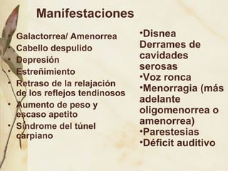 Manifestaciones
• Galactorrea/ Amenorrea
• Cabello despulido
• Depresión
• Estreñimiento
• Retraso de la relajación
de los reflejos tendinosos
• Aumento de peso y
escaso apetito
• Síndrome del túnel
carpiano
•Disnea
Derrames de
cavidades
serosas
•Voz ronca
•Menorragia (más
adelante
oligomenorrea o
amenorrea)
•Parestesias
•Déficit auditivo
 