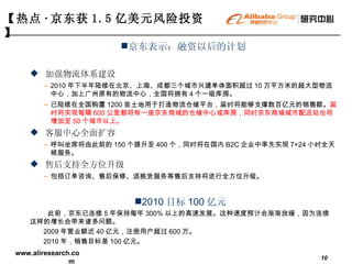【热点 · 京东获 1.5 亿美元风险投资】   2010 目标 100 亿元 此前，京东已连续 5 年保持每年 300% 以上的高速发展。这种速度预计会渐渐放缓，因为连续这样的增长会带来诸多问题。 2009 年营业额近 40 亿元，注册用户超过 600 万。  2010 年，销售目标是 100 亿元。 京东表示：融资以后的计划 加强物流体系建设 2010 年下半年陆续在北京、上海、成都三个城市兴建单体面积超过 10 万平方米的超大型物流中心，加上广州原有的物流中心，全国将拥有 4 个一级库房。 已陆续在全国购置 1200 亩土地用于打造物流仓储平台，届时将能够支撑数百亿元的销售额。 届时将实现每隔 600 公里都将有一座京东商城的仓储中心或库房，同时京东商城城市配送站也将增加至 50 个城市以上。 客服中心全面扩容 呼叫坐席将由此前的 150 个提升至 400 个，同时将在国内 B2C 企业中率先实现 7×24 小时全天候服务。 售后支持全方位升级 包括订单咨询、售后保修、退换货服务等售后支持将进行全方位升级。 