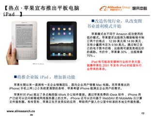 改造传统行业，从改变图书业盈利模式开始 苹果模式会不同于 Amazon 成功使用的低价模式。苹果要求出版商为精装畅销书制订两个价格点： 12.99 美元和 14.99 美元，另有少量图书定为 9.99 美元。通过制订自己的电子图书价格，出版商可避免竞相压价的威胁。书价中，苹果拿 30% ，出版商拿 70% 。 iPad 有可能改变媒体行业的许多方面，就像苹果在 2001 年发布 iPod 时给音乐行业带来的革命。 将推企业版 iPad ， 增加新功能 苹果长期以来一直拥有一支企业销售团队，面向企业用户销售 Mac 电脑。而苹果推出的 iPhone( 手机上网 ) 2.0 系统更清楚的表明，苹果希望 iPhone 能满足企业用户的需求。 苹果针对 iPad 推出了多点触控版 iWork 办公软件套装。通过苹果免费的 iDesk 软件， iPhone 用户已经可以访问邮箱或网络服务器上的文件。 iPhone 还可以访问基于 WebDAV 的 MobileMe 云计算文件服务器。有传言称，苹果正在开发类似的应用，帮助用户接入办公室中标准的本地文件服务器。 【热点 · 苹果宣布推出平板电脑 iPad  】   