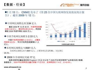 【 数据 · 行业 】   中国网民规模达到 3.84 亿人 截至 2009 年 12 月 30 日， 中国网民规模达到 3.84 亿人，普及率达到 28.9% 。 网民规模较 2008 年底年增长 8600 万人。 1 月 15 日， CNNIC 发布了《第 25 次中国互联网络发展状况统计报告》，截至 2009 年 12 月： 中国手机网民规模为 2.33 亿人 中国 手机网民规模为 2.33 亿人，占整体网民的 60.8% ， 年内手机网民规模增长 1.2 亿人。 农村网民规模达 1.0681 亿人 农村网民规模达到 1.0681 亿人，占整体网民的 27.8% ，同比增长 26.3% 。 2009 年全球网民突破 17 亿 瑞典互联网流量监测机构 Pingdom1 月 22 日公布了 2009 年全球互联网产业的相关统计数据。数据显示， 2009 年全球网民总量已突破 17 亿大关，亚洲网民约 7.4 亿，占 42.6% 。 