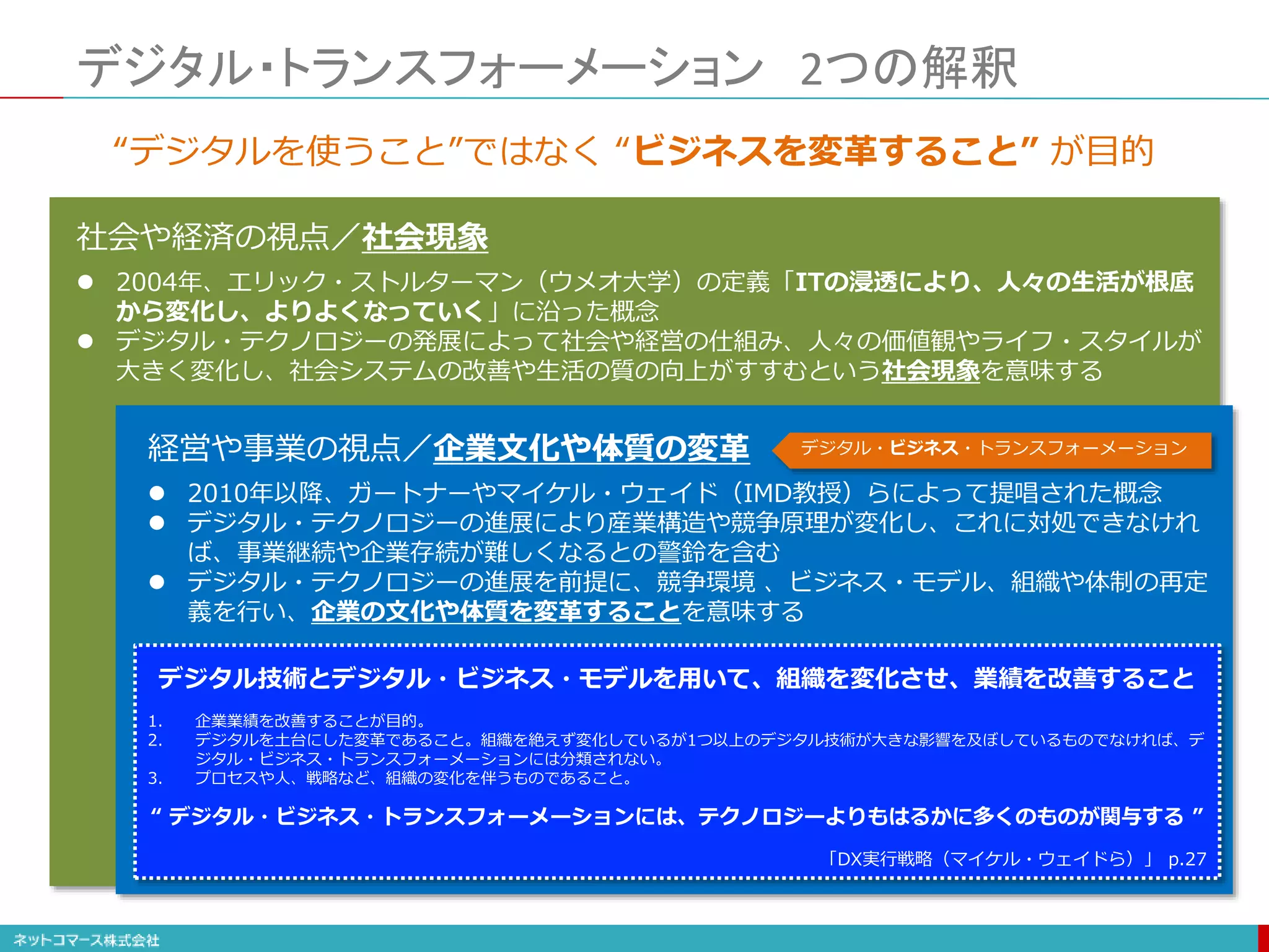 デジタル・トランスフォーメーション 2つの解釈
社会や経済の視点／社会現象
 2004年、エリック・ストルターマン（ウメオ大学）の定義「ITの浸透により、人々の生活が根底
から変化し、よりよくなっていく」に沿った概念
 デジタル・テクノロジーの発展によって社会や経営の仕組み、人々の価値観やライフ・スタイルが
大きく変化し、社会システムの改善や生活の質の向上がすすむという社会現象を意味する
経営や事業の視点／企業文化や体質の変革
 2010年以降、ガートナーやマイケル・ウェイド（IMD教授）らによって提唱された概念
 デジタル・テクノロジーの進展により産業構造や競争原理が変化し、これに対処できなけれ
ば、事業継続や企業存続が難しくなるとの警鈴を含む
 デジタル・テクノロジーの進展を前提に、競争環境 、ビジネス・モデル、組織や体制の再定
義を行い、企業の文化や体質を変革することを意味する
デジタル・ビジネス・トランスフォーメーション
“デジタルを使うこと”ではなく “ビジネスを変革すること” が目的
デジタル技術とデジタル・ビジネス・モデルを用いて、組織を変化させ、業績を改善すること
1. 企業業績を改善することが目的。
2. デジタルを土台にした変革であること。組織を絶えず変化しているが1つ以上のデジタル技術が大きな影響を及ぼしているものでなければ、デ
ジタル・ビジネス・トランスフォーメーションには分類されない。
3. プロセスや人、戦略など、組織の変化を伴うものであること。
“ デジタル・ビジネス・トランスフォーメーションには、テクノロジーよりもはるかに多くのものが関与する ”
「DX実行戦略（マイケル・ウェイドら）」 p.27
 