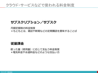 クラウド・サービスなどで使われる料金制度
サブスクリプション／サブスク
従量課金
月額定額制の料金制度
＊もともとは、雑誌や新聞などの定期購読を意味することば
使った量（使用量）に応じて支払う料金制度
＊電気料金や水道料金などのような支払い方
 
