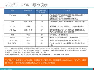 180
SIのグローバル市場の現状
国名 内製or外注 国内需要向けIT
企業の数
コメント
アメリカ 内製 少 大企業およびITを戦略的に使用する企業は内製。中
小企業はフルアウトソース傾向
企業はエンジニアの長期有期契約をする
中国 内製、外注 中 ITを戦略的に使用する企業は内製。それ以外は外注。
インド 内製 少 米国同様 オフショア拠点としてのIT企業は多い
ベトナム 内製、外注 少 まだまだ市場は小さいが、SI的な外注業者はあり、
オフショア拠点としてのIT企業は多い
韓国 外注 多 日本と同じく多重構造あり
ロシア 外注 多 大手ベンダーが一時受けして多重構造あり
フィンランド 外注 少 大手ベンダーのフルアウトソースがほとんど
日本（参考） 外注 多 大小様々なベンダーが多重構造で仕事を請け負って
いる。
ロシア、韓国は財閥の下に多数の中小企業が群がる日本と同じような労働文化。中国は、共産主義の名残で仕事を分
配する文化がある。その土地により労働文化があり、SI市場は、世界の中でも地域によっては市場がある。また社会
公共系は、内製できないため大手ベンダーが参入している。
課題は市場が限定的、地元ベンダーは地元企業に強い（保護施策）、言葉の壁、などがある。
その国の労働環境により内製、利用状況が異なる。多重構造があるのは、ロシア、韓国、
日本のみ、その地域の労働文化によっての違いがある
 
