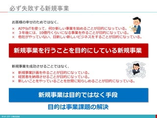 必ず失敗する新規事業
新規事業を行うことを目的にしている新規事業
お客様の幸せのためではなく、
× AIやIoTを使って、何か新しい事業を始めることが目的になっている。
× ３年後には、10億円くらいになる事業を作ることが目的になっている。
× 他社がやっていない、目新しい新しいビジネスをすることが目的になっている。
新規事業を成功させることではなく、
× 新規事業計画を作ることが目的になっている。
× 経営者を納得させることが目的になっている。
× 新しいことをやっていることを世間に知らしめることが目的になっている。
新規事業は目的ではなく手段
目的は事業課題の解決
 