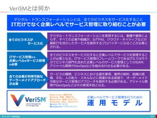 VeriSMとは何か
237
Value-driven (価値主導）
Evolving（発展、展開する）
Responsive（敏感に反応する）
Integrated（統合、結合された）
Service（サービス）
Management（マネジメント）
デジタル・トランスフォーメーションとは、全てのビジネスをサービス化すること
ITだけでなく企業レベルでサービス管理に取り組むことが必要
全てのビジネスが
サービス化
デジタル・トランスフォーメーションを実現するには、業種や業態によ
らず、すべての企業や組織が、IoTやAI、クラウド・ネイティブなどの
最新ITを活かしたサービスを提供するプロバイダーになることが必要と
される。
ITサービス管理から
企業レベルのサービス管理
が必要
全てのビジネスをサービス化すると企業レベルでサービスを管理するこ
とが必要となる。ITサービス管理のフレームワークであるITILでは不十
分でビジネス部門も含めた企業レベルのサービス管理としてのSIAM、
アジャイル開発やDevOpsなどを組み合わせる必要がある。
全ての企業が利用可能な
テーラーメイドアプローチ
が必要
サービスの種類、ビジネスにおける優先事項、業界の制約、組織の規
模、文化、人の能力・スキルなどに相違がある前提で、オーダーメイド
可能なサービス管理のアプローチを提供する必要がある。アジャイル開
発やDevOpsなどはその実現手段となる。
企業レベルでサービス管理を行うための
運 用 モ デ ル
 