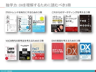 独学力：DXを理解するために読むべき3冊
ITのトレンドを味方にするための３冊
VUCA時代の思考法を考えるための３冊
これからのマーケティングを考える３冊
DXの実践を考えるための３冊
 