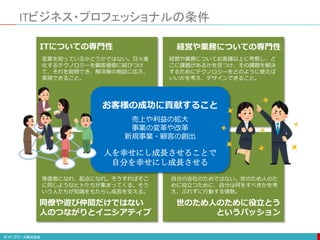 ITビジネス・プロフェッショナルの条件
ITについての専門性
言葉を知っているかどうかではない。日々進
化するテクノロジーを顧客価値に結びつけ
て、それを説明でき、解決策の相談に応え、
実現できること。
経営や業務についての専門性
経営や業務についてお客様以上に考察し、ど
こに課題があるかを見つけ、その課題を解決
するためにテクノロジーをどのように使えば
いいかを考え、デザインできること。
世のため人のために役立とう
というパッション
自分の会社のためではない。世のため人のた
めに役立つために、自分は何をすべきかを考
え、ぶれずに行動する情熱。
同僚や遊び仲間だけではない
人のつながりとイニシアティブ
発信者になれ、起点になれ。そうすればそこ
に同じようなヒトたちが集まってくる。そう
いう人たちが知識をもたらし成長を支える。
お客様の成功に貢献すること
売上や利益の拡大
事業の変革や改革
新規事業・顧客の創出
人を幸せにし成長させることで
自分を幸せにし成長させる
 