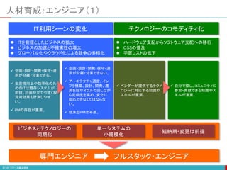 人材育成：エンジニア（１）
テクノロジーのコモディティ化
IT利用シーンの変化
 ITを前提としたビジネスの拡大
 ビジネスの加速と不確実性の増大
 グローバル化やクラウド化による競争の多様化
 ハードウェア支配からソフトウェア支配への移行
 OSSの普及
 学習コストの低下
 企画・設計・開発・保守・運
用が分離・分業できない。
 アーキテクチャ選定、イン
フラ構築、設計、開発、運
用を短サイクルで回しなが
ら完成度を高め、変化に
即応できなくてはならな
い。
 従来型PMは不要。
 企画・設計・開発・保守・運
用が分離・分業できる。
 生産性向上や効率化のた
めのITは既存システムが
前提。計画が立てやすく投
資対効果も計測しやす
い。
 PMの存在が重要。
 自分で探し、コミュニティに
参加・貢献できる知識やス
キルが重要。
 ベンダーが提供するテクノ
ロジーに対応する知識や
スキルが重要。
専門エンジニア フルスタック・エンジニア
ビジネスとテクノロジーの
同期化
単一システムの
小規模化
短納期・変更は前提
 