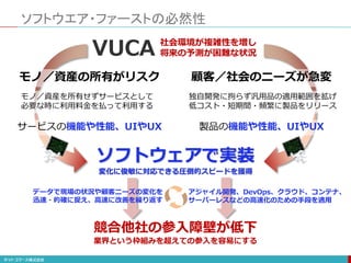 ソフトウエア・ファーストの必然性
ソフトウェアで実装
変化に俊敏に対応できる圧倒的スピードを獲得
アジャイル開発、DevOps、クラウド、コンテナ、
サーバーレスなどの高速化のための手段を適用
社会環境が複雑性を増し
将来の予測が困難な状況
VUCA
モノ／資産の所有がリスク 顧客／社会のニーズが急変
モノ／資産を所有せずサービスとして
必要な時に利用料金を払って利用する
独自開発に拘らず汎用品の適用範囲を拡げ
低コスト・短期間・頻繁に製品をリリース
競合他社の参入障壁が低下
業界という枠組みを超えての参入を容易にする
サービスの機能や性能、UIやUX 製品の機能や性能、UIやUX
データで現場の状況や顧客ニーズの変化を
迅速・的確に捉え、高速に改善を繰り返す
 