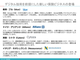 デジタル技術を前提にした新しい保険ビジネスの登場
香港・ブル（blue）
英国・Avivaと中国・大手IT企業テンセント（騰訊）が設立した企業で、Avivaの保険ノウハウとテンセン
トの持つ消費者についての膨大なデータを活用し、あらゆる契約手続きをウェブやモバイルアプリで実現
しています。
契約のために顧客が入力を求められるのは、生年月日などの最低限の基本項目と希望する保険プラン、告
知に関する情報など合計18項目のみで、入力は5分程度で完了、24時間いつでも手続きが可能など、顧客
の利便性を劇的に向上させています。
ドイツ・アリアンツ（Allianz）
スマートホーム向けのサービスで、保険とは異なる業種の企業と連係し、火事や漏水などの発生時に、同
社が警備会社や修理業者を保険加入者の家へ直接派遣するなど、アフターケア分野でのトータルサービス
を実現しています。
英国・シトラ（Cytora）
SNSやニュース、建築情報をはじめとする外部・内部データを使い、顧客企業の損害リスク・プロファイ
ルを保険会社へ提供しています。保険会社は、損害率の改善やコスト削減を実現するとともに、顧客主導
型リスク対応サービスの実現を支えています。
イタリア・ネオシュランス（Neosurance）
バーチャル保険代理店で、わずか10秒で手続き完結できるオーダーメイド型の保険を提供しています。例
えば車上荒らしの多い地域に出かけた顧客向けに、駐車する数時間だけの保険を提案するといったサービ
スを提供しています。
 