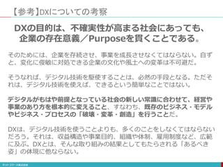 【参考】DXについての考察
DXの目的は、不確実性が高まる社会にあっても、
企業の存在意義／Purposeを貫くことである。
そのためには、企業を存続させ、事業を成長させなくてはならない。自ず
と、変化に俊敏に対処できる企業の文化や風土への変革は不可避だ。
そうなれば、デジタル技術を駆使することは、必然の手段となる。ただそ
れは、デジタル技術を使えば、できるという簡単なことではない。
デジタルがもはや前提となっている社会の新しい常識に合わせて、経営や
事業のあり方を根本的に変えること、すなわち、既存のビジネス・モデル
やビジネス・プロセスの「破壊・変革・創造」を行うことだ。
DXは、デジタル技術を使うことよりも、多くのことをしなくてはならない
だろう。それは、収益構造や事業目的、組織や体制、雇用制度など、広範
に及ぶ。DXとは、そんな取り組みの結果としてもたらされる「あるべき
姿」の体現に他ならない。
 