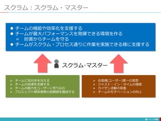 スクラム：スクラム・マスター
140
 チームの機能や効率化を支援する
 チームが最大パフォーマンスを発揮できる環境を作る
＝ 妨害からチームを守る
 チームがスクラム・プロセス通りに作業を実施できる様に支援する
 チームに気付きを与える
 チームの自律を支援する
 チームの能力をユーザーに売り込む
 プロジェクト関係者間の信頼感を醸成する
 お客様(ユーザー)第一の思想
 ジャスト・イン・タイムの徹底
 カイゼン活動の促進
 チームのモチベーションの向上
スクラム･マスター
 