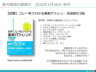 新刊書籍の御案内 2020年1月26日･発刊
新用語・技術を大幅追加しリニューアル！
 デジタル・トランスフォーメーションと共創
 デザイン思考とリーンスタートアップ
 IoT とモノのサービス化
 機械学習とディープラーニング
 ゼロトラスト・ネットワーク
 クラウド・バイ・デフォルト原則
 アジャイル開発と DevOps
 ブロックチェーン
 量子コンピュータ など
【図解】コレ一枚でわかる最新ITトレン・改装新訂3版
言葉は知っているけれど、
それが何なのか、何ができるようになるのか、
なぜそんなに注目されているのか、
あなたは、ご存知ですか？
ITの常識をあなたのビジネスの武器にする。
そのためのお手伝いをさせて頂きます。
https://amzn.to/2Qj1AhE
 