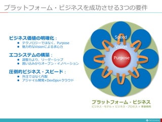 プラットフォーム・ビジネスを成功させる3つの要件
ビジネス価値の明確化：
 テクノロジーではなく、Purpose
 魅力的なVisionによる求心力
エコシステムの構築：
 調整力より、リーダーシップ
 囲い込みからオープン・イノベーション
圧倒的ビジネス・スピード：
 外注ではなく内製
 アジャイル開発×DevOps×クラウド
Purpose
Vision
Speed
プラットフォーム・ビジネス
ビジネス・モデル × ビジネス・プロセス × 事業戦略
 