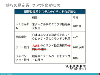 銀行の勘定系 クラウド化が拡大
2019年10月3日
AWS
 