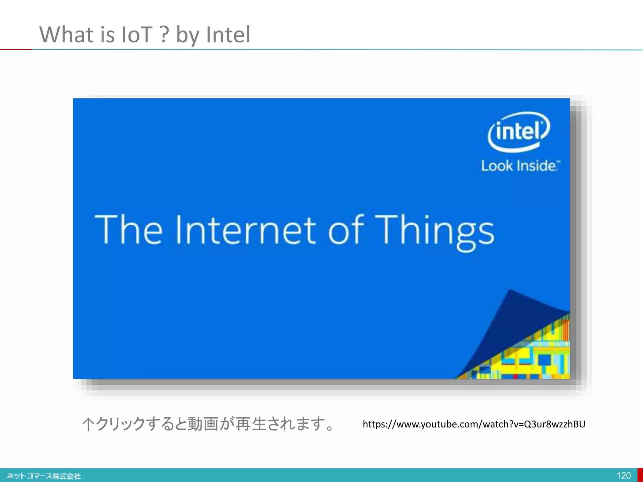 What is IoT ? by Intel
120
https://www.youtube.com/watch?v=Q3ur8wzzhBU
↑クリックすると動画が再生されます。
 