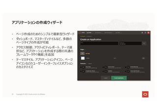 23
• ページ作成のためのシンプルで最新型ウィザード
• ダッシュボード、マスターディテイルなど、多数の
ページタイプの作成が可能
• アクセス制御、アクティビティレポート、テーマ選
択など、アプリケーションを作成する際の共通の
フレームワークや「機能」を追加
• テーマスタイル、アプリケーションアイコン、ページ
アイコンなどのユーザーインターフェイスオプション
のカスタマイズ
アプリケーションの作成ウィザード
Copyright © 2021, Oracle and/or its affiliates
 