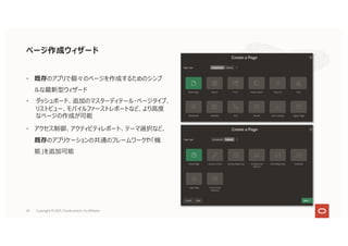 24
• 既存のアプリで個々のページを作成するためのシンプ
ルな最新型ウィザード
• ダッシュボード、追加のマスターディテール・ページタイプ、
リストビュー、モバイルファーストレポートなど、より⾼度
なページの作成が可能
• アクセス制御、アクティビティレポート、テーマ選択など、
既存のアプリケーションの共通のフレームワークや「機
能」を追加可能
ページ作成ウィザード
Copyright © 2021, Oracle and/or its affiliates
 