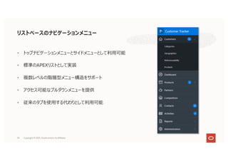 34
• トップナビゲーションメニューとサイドメニューとして利⽤可能
• 標準のAPEXリストとして実装
• 複数レベルの階層型メニュー構造をサポート
• アクセス可能なプルダウンメニューを提供
• 従来のタブを使⽤する代わりとして利⽤可能
リストベースのナビゲーションメニュー
Copyright © 2021, Oracle and/or its affiliates
 