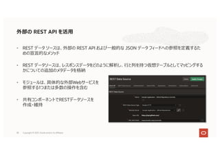 38
• REST データ ソースは、外部の REST API および⼀般的な JSON データ フィードへの参照を定義するた
めの宣⾔的なメソッド
• REST データソースは、レスポンスデータをどのように解析し、⾏と列を持つ仮想テーブルとしてマッピングする
かについての追加のメタデータを格納
• モジュールは、具体的な外部Webサービスを
参照する1つまたは多数の操作を含む
• 共有コンポーネントでRESTデータソースを
作成・維持
外部の REST API を活⽤
Copyright © 2021, Oracle and/or its affiliates
 