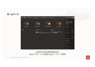 49
ホームページ
包括的な統合開発環境(IDE)
Webアプリケーション開発とSQLデータベース開発
Copyright © 2021, Oracle and/or its affiliates
 