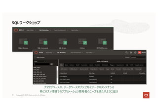 57
ブラウザベースの、データベースオブジェクトとデータのメンテナンス
特にホスト環境でのアプリケーション開発者のニーズを満たすように設計
SQLワークショップ
Copyright © 2021, Oracle and/or its affiliates
 