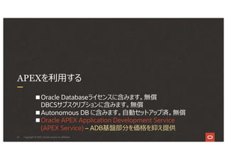 61
APEXを利⽤する
Copyright © 2021, Oracle and/or its affiliates
■Oracle Databaseライセンスに含みます。無償
DBCSサブスクリプションに含みます。無償
■Autonomous DB に含みます。⾃動セットアップ済。無償
■Oracle APEX Application Development Service
(APEX Service) – ADB基盤部分を価格を抑え提供
 