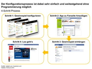 Der Konfigurationsprozess ist dabei sehr einfach und weitestgehend ohne
Programmierung möglich
4-Schritt Prozess
      Schritt 1: Gewinnspiel konfigurieren   Schritt 2: App zu Fanseite hinzufügen




                   Schritt 4: Los geht‘s       Schritt 3: Gewinnspiel einhängen




Quelle: halalati.com, facebook.com
halalati | Februar 2010
 