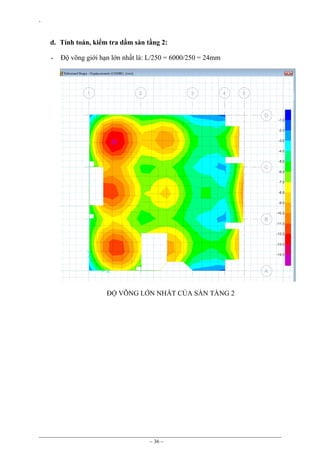 `

d. Tính toán, kiểm tra dầm sàn tầng 2:
-

Độ võng giới hạn lớn nhất là: L/250 = 6000/250 = 24mm

ĐỘ VÕNG LỚN NHẤT CỦA SÀN TẦNG 2

~ 36 ~

 