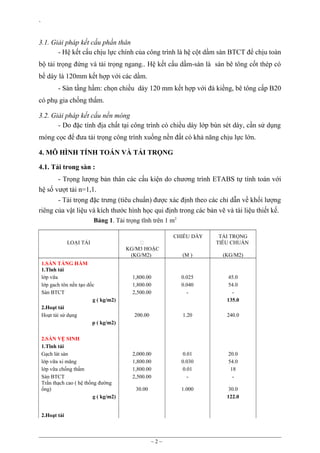 `

3.1. Giải pháp kết cấu phần thân
- Hệ kết cấu chịu lực chính của công trình là hệ cột dầm sàn BTCT để chịu toàn
bộ tải trọng đứng và tải trọng ngang.. Hệ kết cấu dầm-sàn là sàn bê tông cốt thép có
bề dày là 120mm kết hợp với các dầm.
- Sàn tầng hầm: chọn chiều dày 120 mm kết hợp với đà kiềng, bê tông cấp B20
có phụ gia chống thấm.
3.2. Giải pháp kết cấu nền móng
- Do đặc tính địa chất tại công trình có chiều dày lớp bùn sét dày, cần sử dụng
móng cọc để đưa tải trọng công trình xuống nền đất có khả năng chịu lực lớn.
4. MÔ HÌNH TÍNH TOÁN VÀ TẢI TRỌNG
4.1. Tải trong sàn :
- Trọng lượng bản thân các cấu kiện do chương trình ETABS tự tính toán với
hệ số vượt tải n=1,1.
- Tải trọng đặc trưng (tiêu chuẩn) được xác định theo các chỉ dẫn về khối lượng
riêng của vật liệu và kích thước hình học qui định trong các bản vẽ và tài liệu thiết kế.
Bảng 1. Tải trọng tĩnh trên 1 m2
CHIỀU DÀY
LOẠI TẢI

1.SÀN TẦNG HẦM
1.Tĩnh tải
lớp vữa
lớp gach tôn nền tạo dốc
Sàn BTCT
g ( kg/m2)
2.Hoạt tải
Hoạt tải sử dụng
p ( kg/m2)
2.SÀN VỆ SINH
1.Tĩnh tải
Gạch lát sàn
lớp vữa xi măng
lớp vữa chống thấm
Sàn BTCT
Trần thạch cao ( hệ thống đường
ống)
g ( kg/m2)


KG/M3 HOẶC
(KG/M2)

TẢI TRỌNG
TIÊU CHUẨN

(M )

(KG/M2)

1,800.00
1,800.00
2,500.00

0.025
0.040
-

45.0
54.0
135.0

200.00

1.20

240.0

2,000.00
1,800.00
1,800.00
2,500.00

0.01
0.030
0.01
-

20.0
54.0
18
-

30.00

1.000

30.0
122.0

2.Hoạt tải

~2~

 