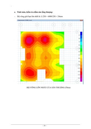 `

e. Tính toán, kiểm tra dầm sàn tầng thượng:
-

Độ võng giới hạn lớn nhất là: L/250 = 6000/250 = 24mm

ĐỘ VÕNG LỚN NHẤT CỦA SÀN THƯỢNG (Thỏa)

~ 39 ~

 