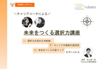 未来をつくる選択力講座
＼キャリアコーチによる／
を手に入れる
１）選択力を高める判断軸
２）キャリアの複数の選択肢
３）未来をつくる行動マップ
LIVEオンライン
監修：松上純一郎
（Rubato代表取締役）
 